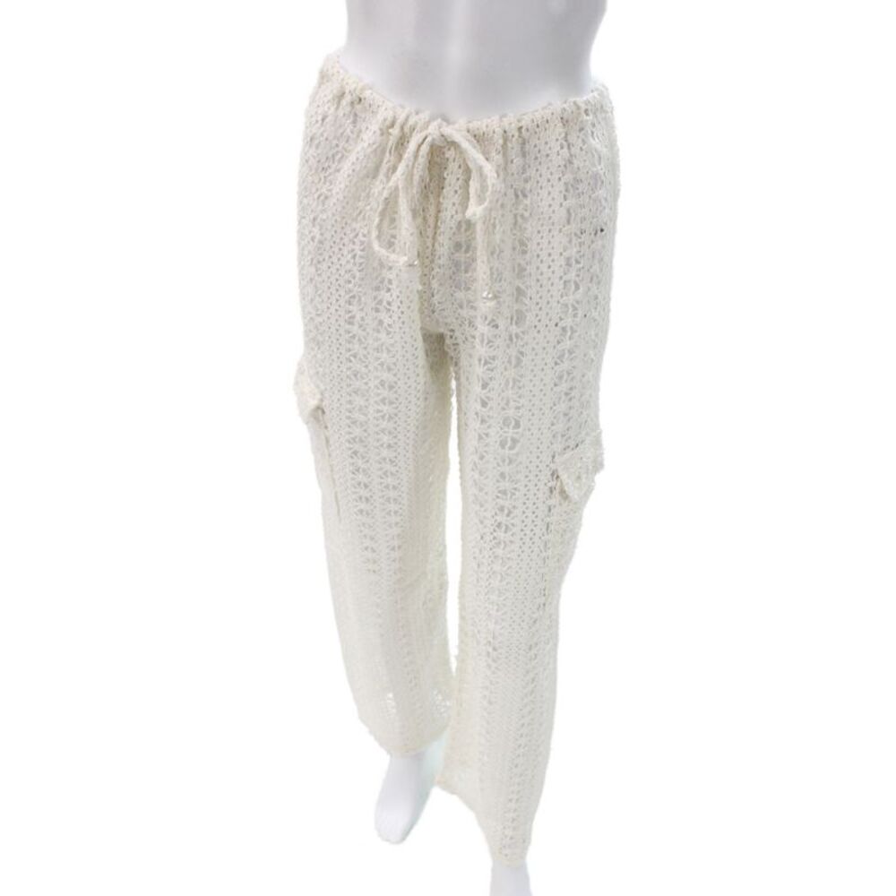Blanco Women Crochet Cotton Cargo Pants White Beach Drawstring Size S